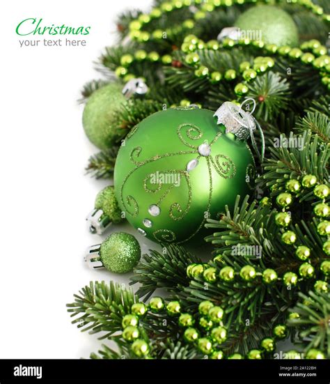 Green Christmas Ornaments Border On White Background Stock Photo Alamy