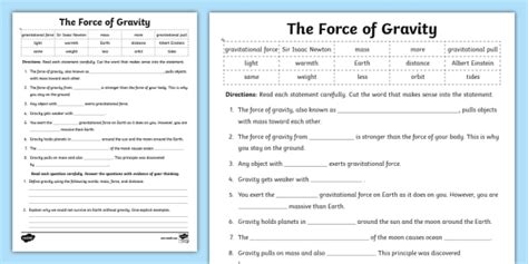 The Force Of Gravity Activity For Th Th Grade Twinkl Worksheets