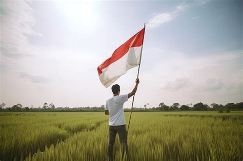 Premium Ai Image A Man Holding A Red And White Indonesia Flag On Top