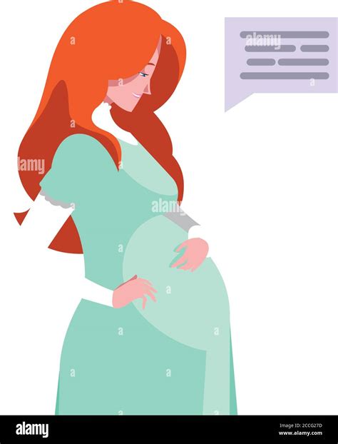 Red Hair Pregnant Woman Cartoon With Communication Bubble Design Belly