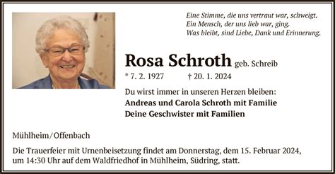 Traueranzeigen Von Rosa Schroth Trauer Op Online De