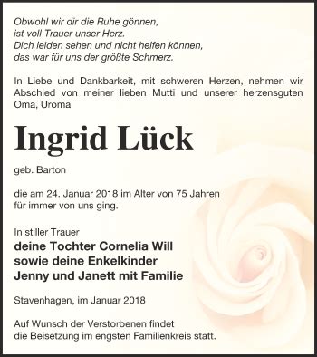 Traueranzeigen Von Ingrid L Ck Trauer Nordkurier