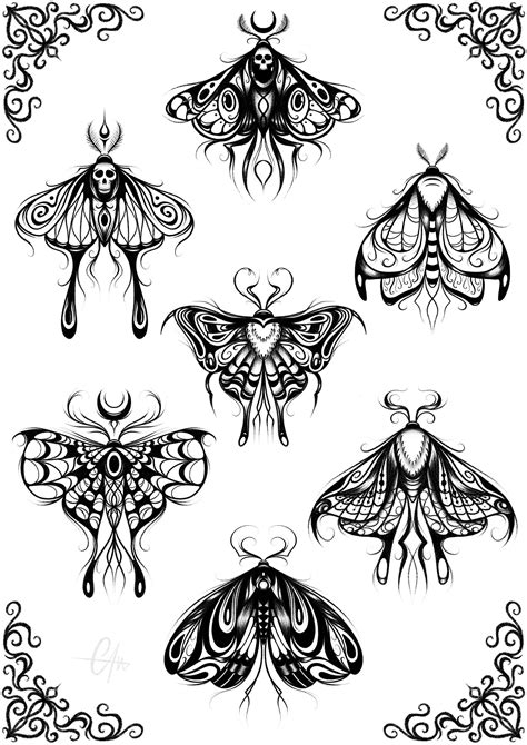 Gothic Moths Hand Drawn Tattoo Style Sketch Ornate Delicate Etsy