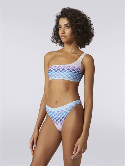 Dégradé lace effect one shoulder bikini with lurex Blue Missoni