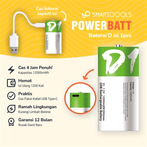 Baterai Cas Isi Ulang Smartoools PowerBatt Ukuran D Voltase 1 5V Dengan