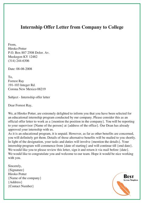 Free Printable Internship Offer Letter Templates [PDF, Word]