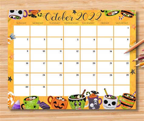 Editable October Calendar Spooky Halloween Printable Fillable