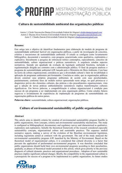 Pdf Cultura De Sustentabilidade Ambiental Das Organiza Es O