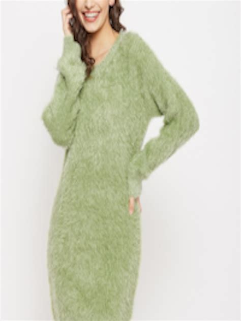 Buy Madame Women Green Cable Knit Longline Fuzzy Detail Pullover