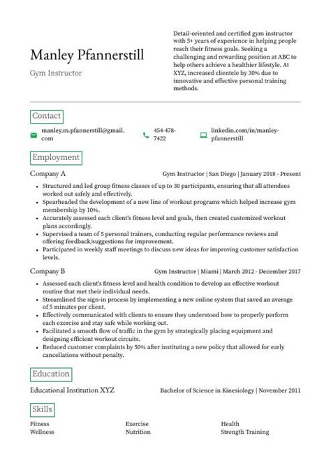 Gym Instructor Resume (CV) Example and Writing Guide