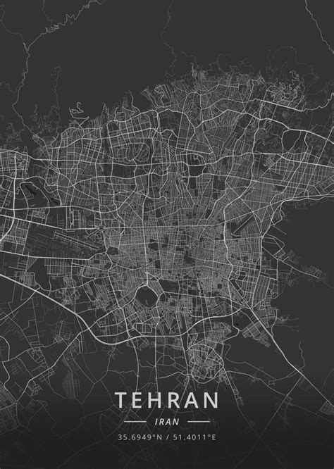 Tehran Iran Dark Map Framed Art Print By Designer Map Art Vector