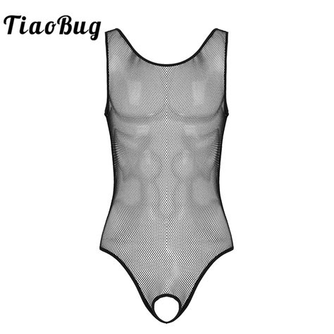 Tiaobug Men See Through Fishnet Lingerie Sleeveless Open Butt