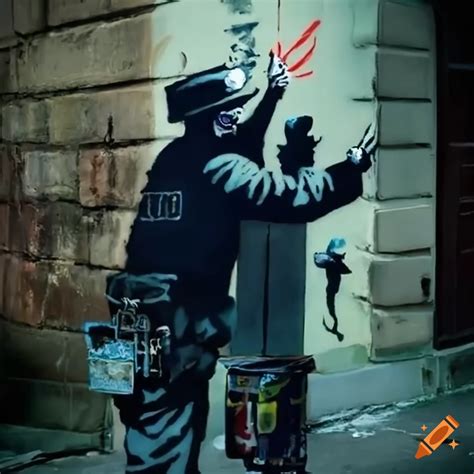 Banksy Inspired Artwork Featuring A Police Officer Helping A Civilian