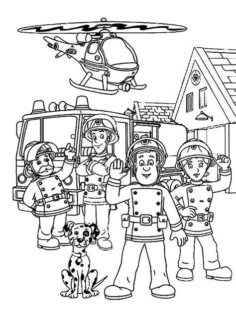 Fireman Sam team and a helicopter coloring page