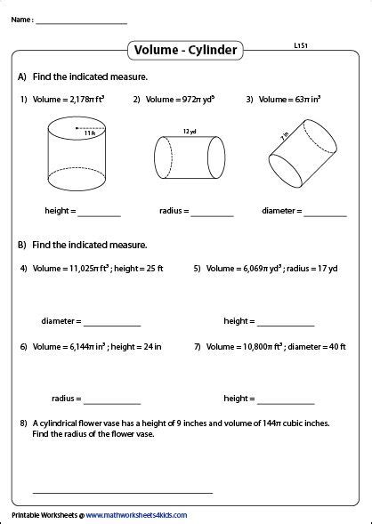 Volume Of A Cylinder Word Problems Worksheets