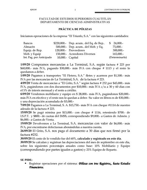 Pólizas Practica El Triunfo - RMOM CONTABILIDAD SUPERIOR 1 FACULTAD DE
