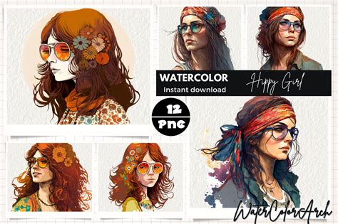 Hippy Girl Watercolor Sublimation Clipa Graphic By Watercolorarch