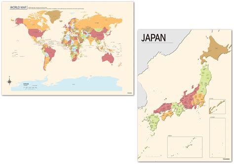 Proceedx美しい日本 世界地図セット パステルカラーベージュ2 学習ポスターミニマルマップa2サイズ日本製 丸筒送付 影付き1302