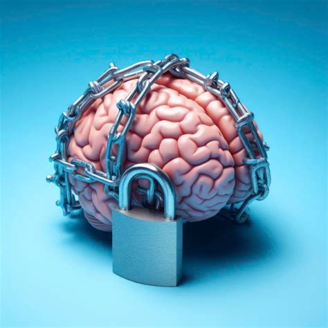 Realistic Photo Human Brain In Chains On A Padlock On A Blue Background