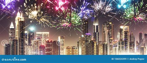 New Year Fireworks in Dubai at Night Stock Image - Image of arab ...