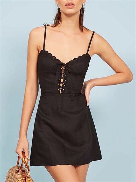 Black Spaghetti Strap V Neck Lace Up Front Lace Trim Mini Dress