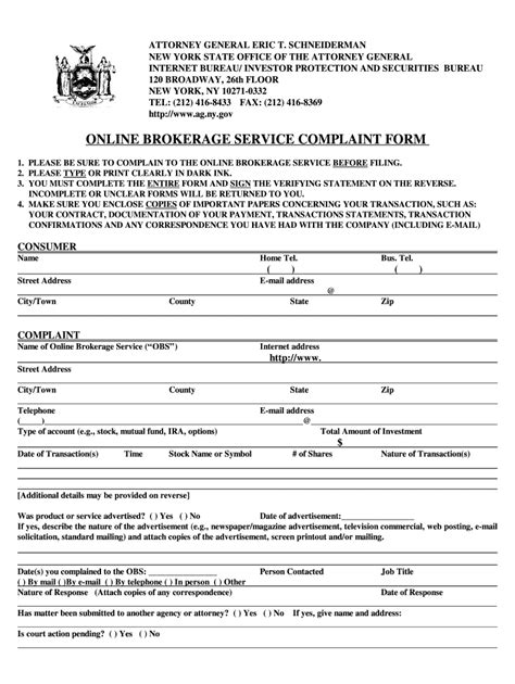 Fillable Online Oag State Ny Online Brokerage Service Complaint Form