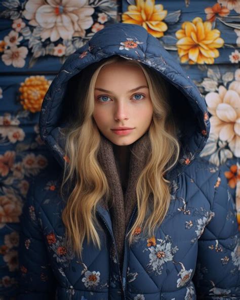 Retrato De Una Bella Joven Con Una Chaqueta Azul Con Capucha Y Flores