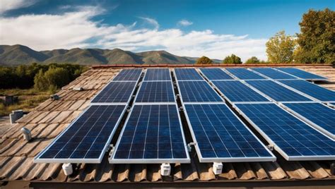 Solar Panels On Rooftop In Rural Area With Mountains Under A Bright