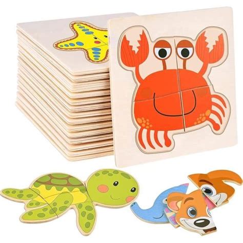 16Pcs Puzzles Animaux En Bois Bébé Puzzle À Encastrements Jouets