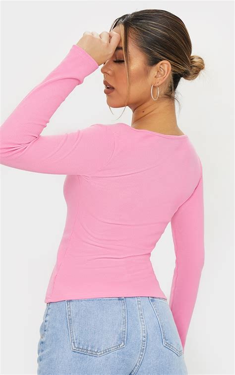 Pink Rib V Cut Out Long Sleeve Top Tops Prettylittlething