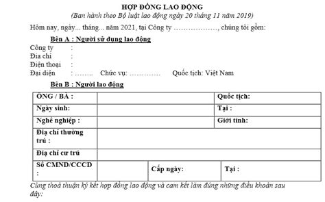 Mẫu Hợp đồng lao động không xác định thời hạn mới nhất hiện nay như thế