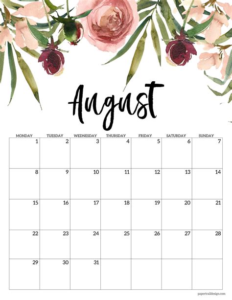 Free Printable Floral Calendar Monday Start Paper Trail Design