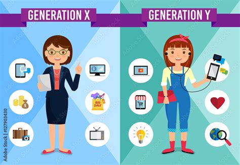 Generations Comparison infographic, Generation X, Generation Y, cartoon ...