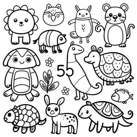 A coloring page featuring various cute animals and nature elements ...