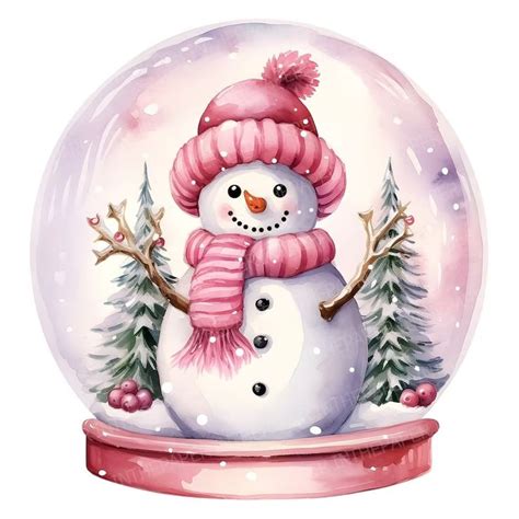 Pink Snow Globe With Adorable Snowman Png Watercolor Clip Art Cozy Cute