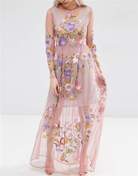 Asos Collections 4 Pretty Embroidered Mesh Maxi Dress With Metallic