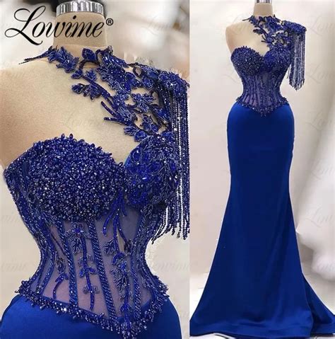 Royal Blue Satin Evening Dress Arabic Beading Tassels Crystal Formal