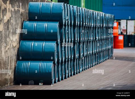 Oil Barrels Green Or Chemical Drums Horizontal Stacked Up Stock Photo