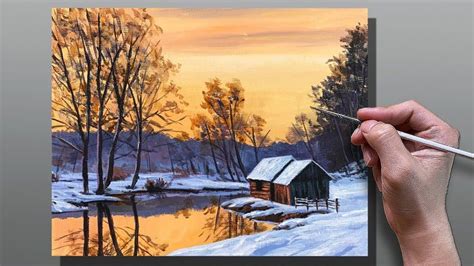 How To Paint Winter Sunset Cabin Acrylic Painting Correa Art