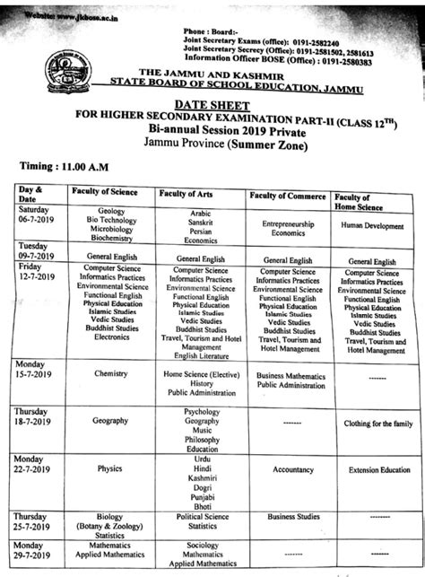 Jkbose 12th Date Sheet 2022 Summer Zone Jk Board 12th Time Table Pdf