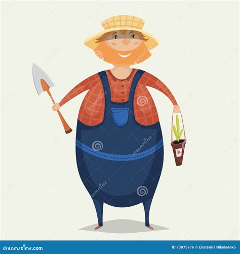 Farmer With Shovel And Plant Funny Cartoon Character Vector