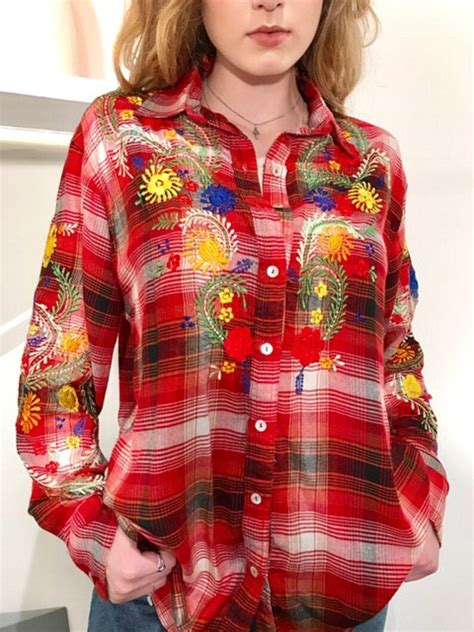 Mexican Embroidered Plaid Big Shirt Hand Embroidery Etsy