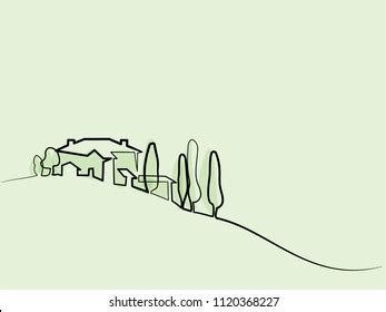 Continuous Line Drawing Landscape Village On Vetor Stock Livre De