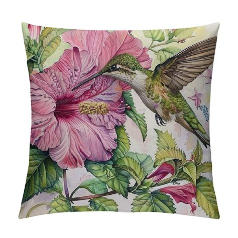 Onetech Bird Throw Pillow Cover Hummingbird Animal Flower Plant Petals