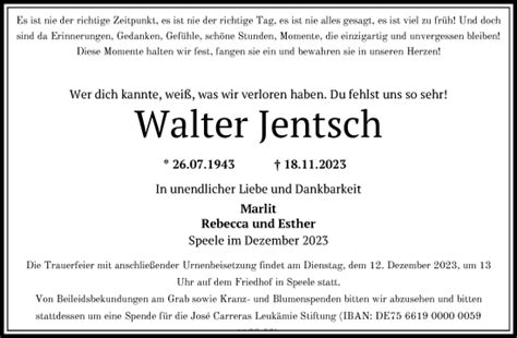 Traueranzeigen Von Walter Jentsch Trauer HNA De