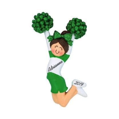Cheerleader Jumping Green Uniform Brunette Hair Personalized Christmas Ornament