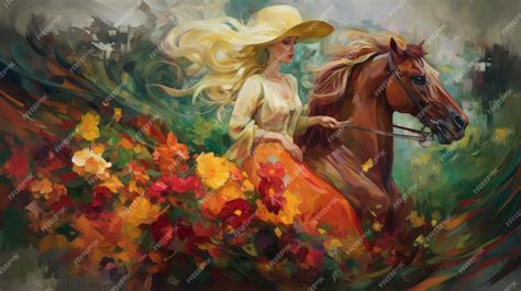 Premium AI Image | A painting of a woman riding a horse with a horse in ...