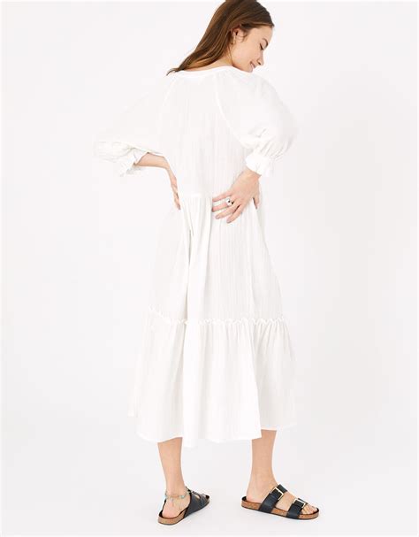 Crinkle Tiered Maxi Dress In Pure Cotton White Beach Holiday Dresses