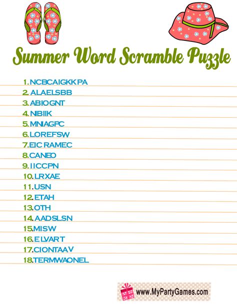 Printable Summer Word Scramble With Answers