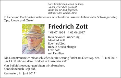 Traueranzeigen Von Friedrich Zott Trauerundgedenken De